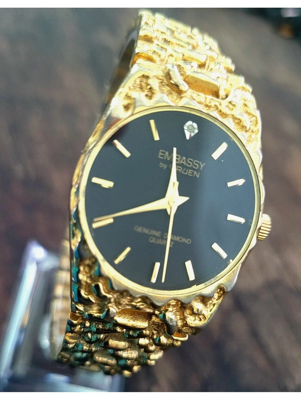 80s Vintage Retro Mens Gruen Real Diamond Gold Nugget Watch